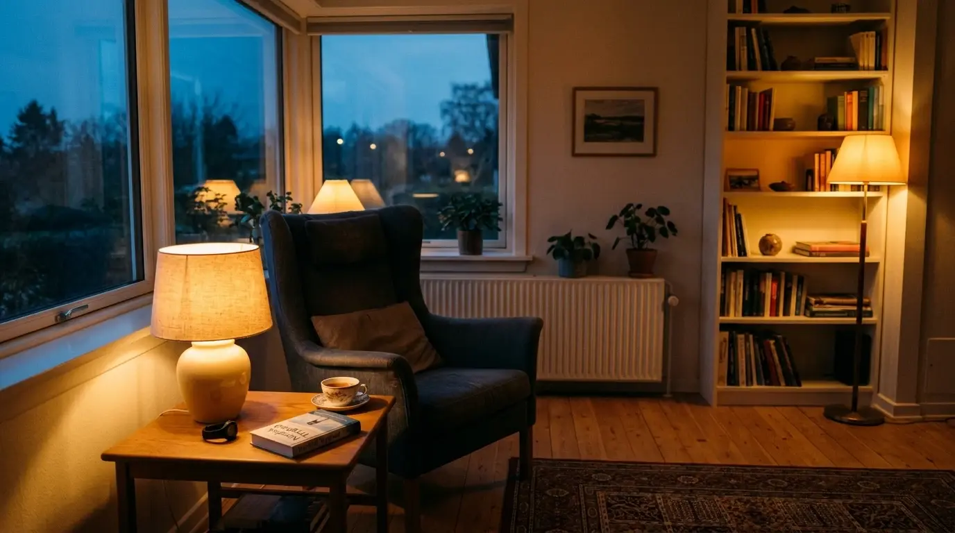 Dansk stue i lampelys ved skumring med lænestol, ryddet gulv og fritliggende gangvej